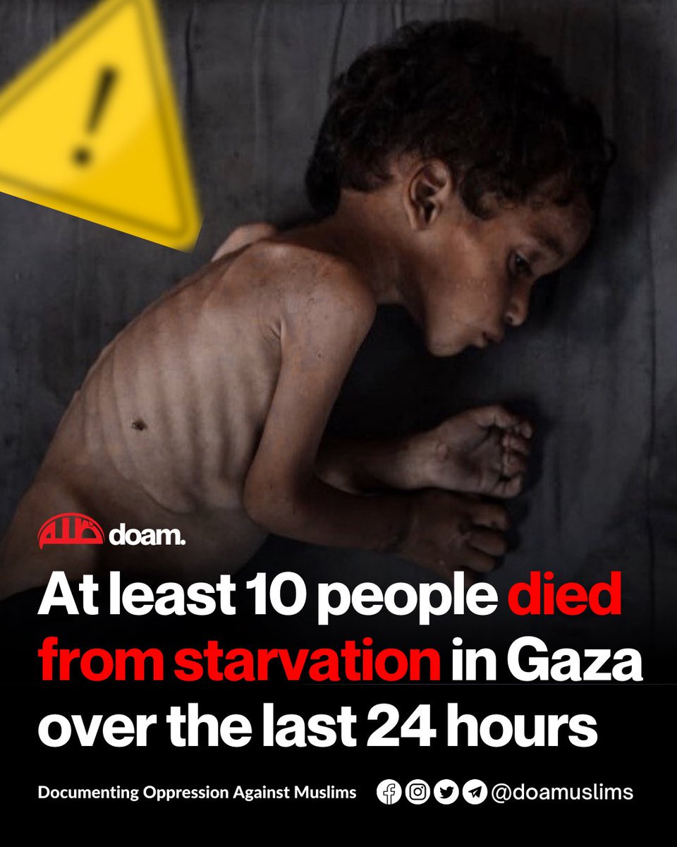 doamuslims's tweet image. BREAKING! At least 10 Palestinians in #Gaza have died from starvation and malnutrition over the past 24 hours amid Israel’s blockade on the Strip, the Palestinian Ministry of Health said in a statement.
That brings the total number of hunger-related deaths in Gaza to 111,…