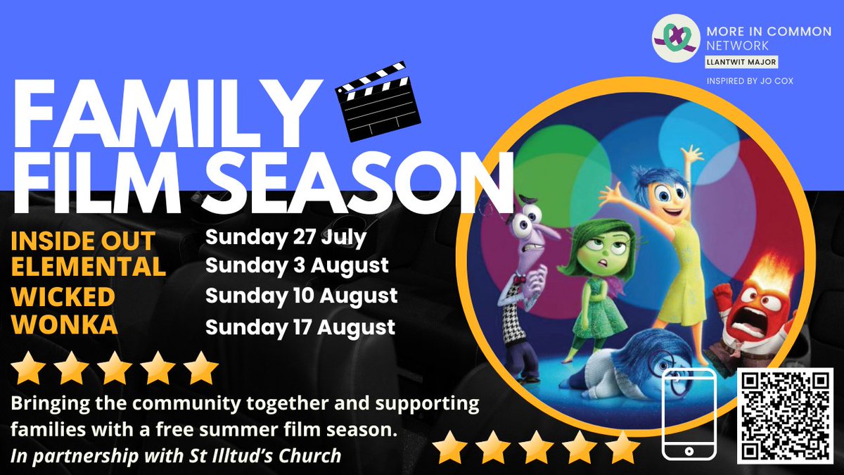 📽️Our FREE Summer Family Film Season for the holidays starts this Sunday! 🥳
Helping bridge divides &amp; build communities, improve wellbeing &amp; bring people together
Inside Out
Elemental
Wicked
Wonka
Advance book now - Please SHARE!
#llantwit #moreincommon #film