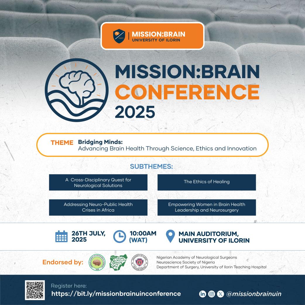 UnilorinNGR's tweet image. Mission:Brain Conference is here!
Join us on Saturday, July 26, 2025, for the @missionbrainuin Conference! Check the flyer for details.
#UnilorinMissionBrainConference
#UNILORIN #BetterByFar🎓 #BridgingHealth #BrainHealth