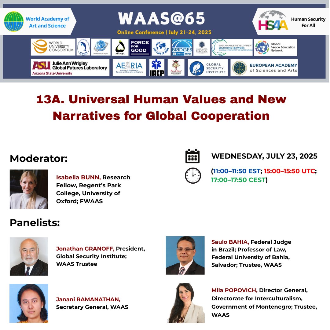 _WAAS_'s tweet image. ⏳ 1 hour to go!
Get ready for Day 3 of the WAAS@65 Conference 🌍
📅 Wednesday, July 23, 2025
🕗 8:00–8:50 EST | 12:00–12:50 UTC | 14:00–14:50 CEST
📌 Join us live:
👉 Parallel A Sessions: us02web.zoom.us/j/81669791341
👉 For All Parallel B Sessions: us06web.zoom.us/j/83711354801