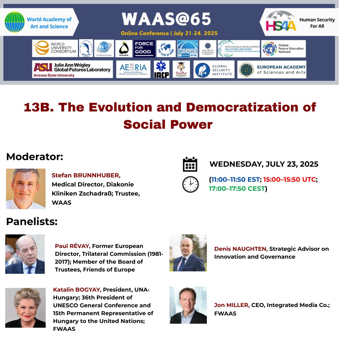 _WAAS_'s tweet image. ⏳ 1 hour to go!
Get ready for Day 3 of the WAAS@65 Conference 🌍
📅 Wednesday, July 23, 2025
🕗 8:00–8:50 EST | 12:00–12:50 UTC | 14:00–14:50 CEST
📌 Join us live:
👉 Parallel A Sessions: us02web.zoom.us/j/81669791341
👉 For All Parallel B Sessions: us06web.zoom.us/j/83711354801