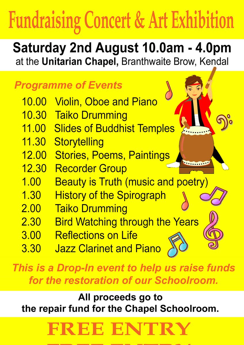 🚨Sat 2nd August I'm giving two slide shows at the Unitarian Chapel in Kendal - in aid of their roof fund.🚨

Lots of interesting events throughout the day - I'm on at 11am with "Wonders of the Buddhist World" - and again at 1:30pm with "history of Spirograph" hope to CU there!