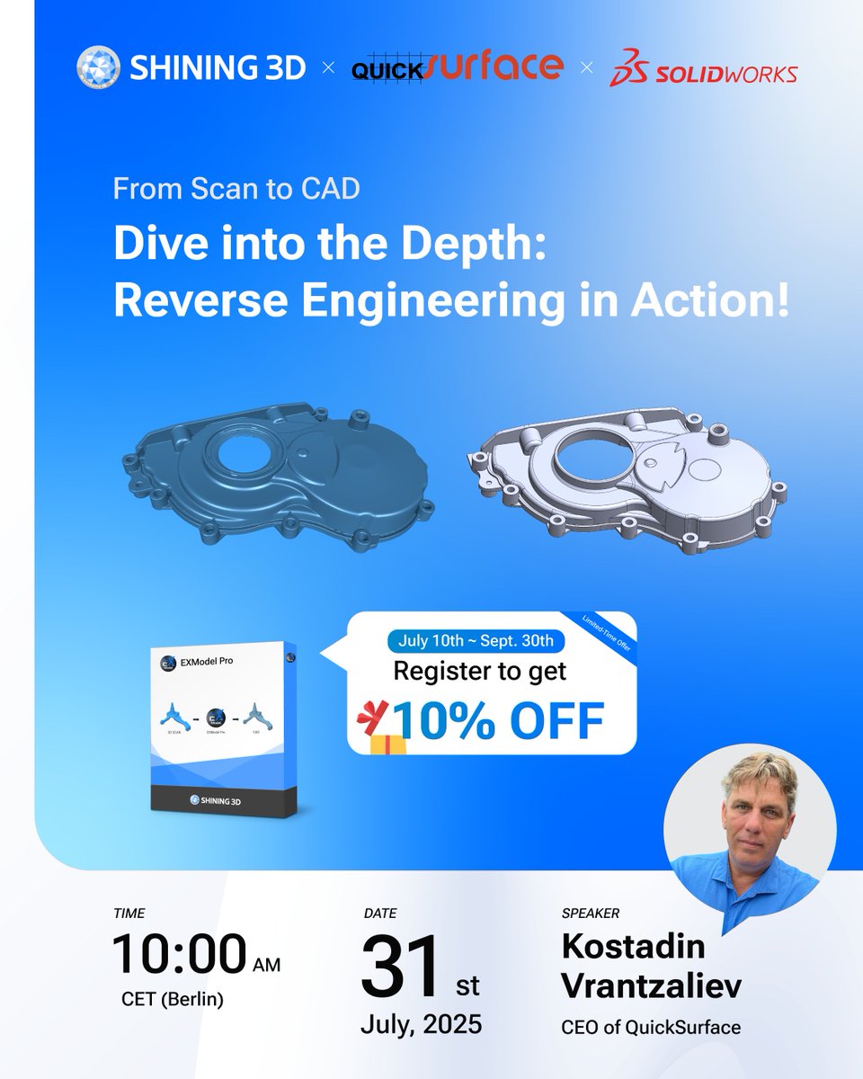 Shining3D's tweet image. Join the second session of our SHINING 3D x QuickSurface Webinar Series, where we’ll take you deeper into the reverse engineering process with the QuickSurface for SolidWorks Plugin.
Date: July 31, 2025
Time: 10 AM CET (Berlin Time)
👉 Register now: hubs.ly/Q03yq8mt0