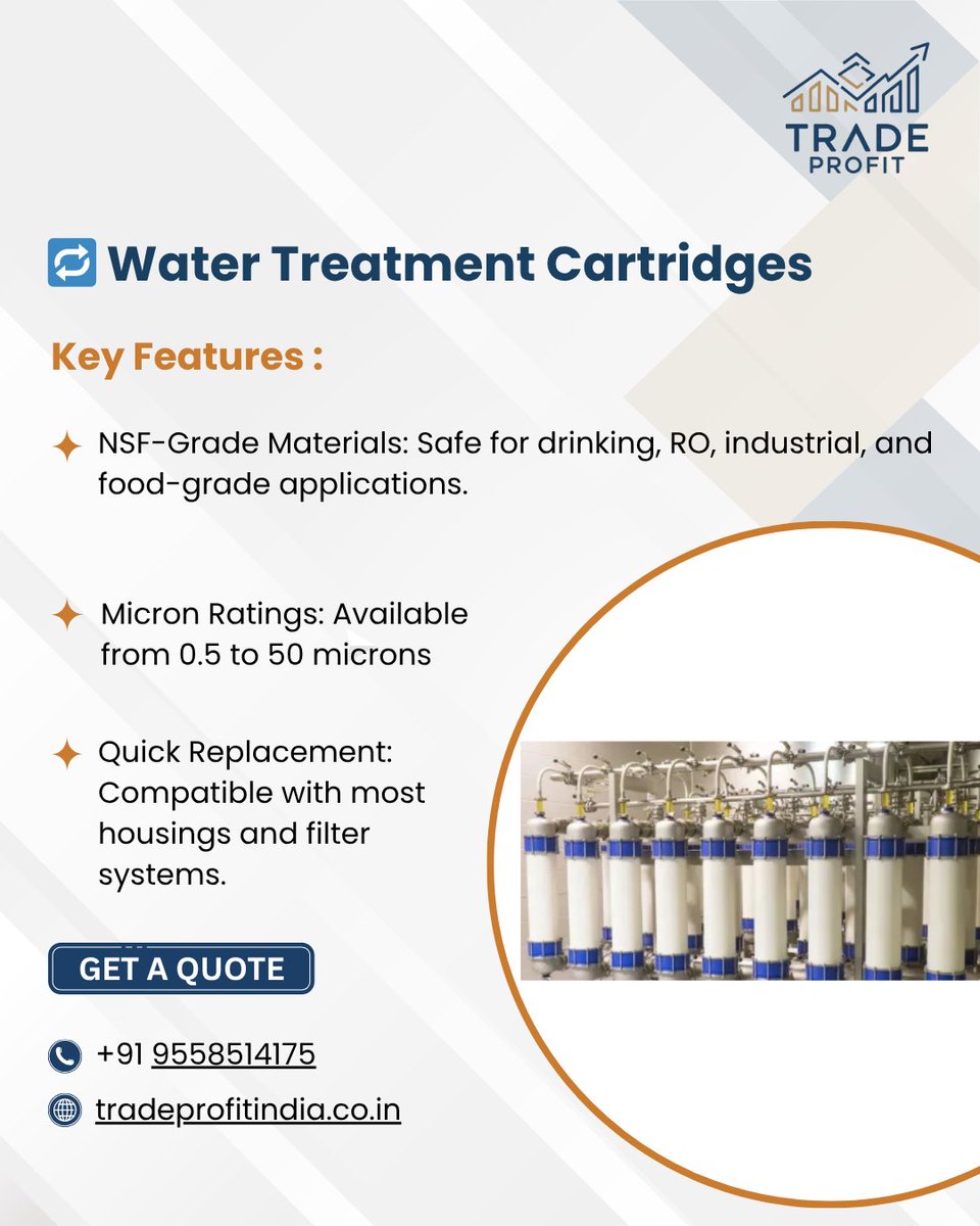 _TradeProfit_'s tweet photo. 🔁 Water Treatment Cartridges
Max filtration. Minimal hassle.

PP, Carbon, CTO &amp; more — for RO, DM, ETP, and beyond.

📞 +91 9558514175 | 🌐 https://t.co/DiiFcqdNin

#WaterCartridgeFilters #ROFiltration #WaterPurification #TradeProfitIndia https://t.co/VXjhjo9nlD