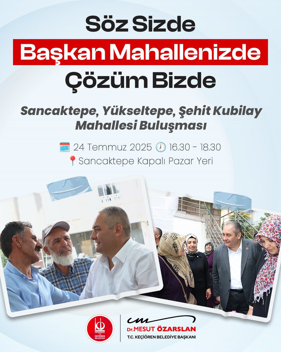 Kıymetli hemşehrilerim,
Keçiören'imizde ilk kez düzenlenecek olan "Söz Sizde, Başkan Mahallenizde, Çözüm Bizde" programlarımızla halk günlerini artık sokağa taşıyor, hemşehrilerimizin taleplerini, derdini halk meclisimizde dinliyor, yerinde çözüm üretmeye başlıyoruz.

Sancaktepe,