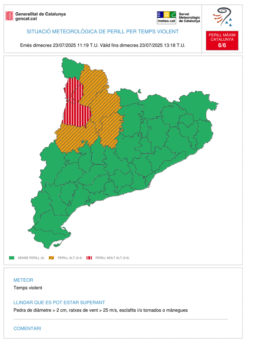 ⚠️ El Servei Meteorològic de Catalunya emet avís per temps violent (#avisosSMP) ⚠️

➡️ Dc. 13:19 - 15:18 h
➡️ Possibilitat de pedra de diàmetre &gt; 2 cm, ratxes de vent &gt; 25 m/s, esclafits i/o tornados o mànegues. 
➡️ Grau de perill màx.  📷 6/6

⏲️ Hora local (h) = TU+2