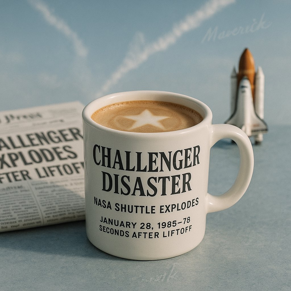 maverickmentor_'s tweet image. Good morning. 🚀
The sky was clear. The countdown routine. And then — silence.
January 28, 1986 – 73 seconds into flight
The headlines followed fast:
“Shuttle Explodes After Liftoff.”
“America’s Tragedy in the Sky.”
“Seven Lost, A Nation Mourns.”
Today’s mug in Extra! Extra!…