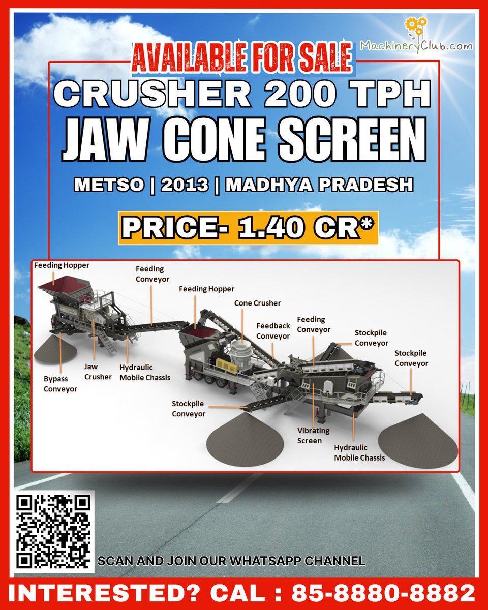 Machineryclub_'s tweet image. 🚨 FOR SALE — METSO CRUSHER PLANT (200 TPH)
🦾 Jaw + Cone + Screen | Heavy Duty Setup
📍 Madhya Pradesh | 🗓️ 2013 Model
💰 Price: ₹1.40 Cr*
✅ Ready to Work | High Performance
📞 Call/WhatsApp: 85-8880-8882
🔗 Join WhatsApp Channel: whatsapp.com/channel/0029Va…
#CrusherForSale #Metso