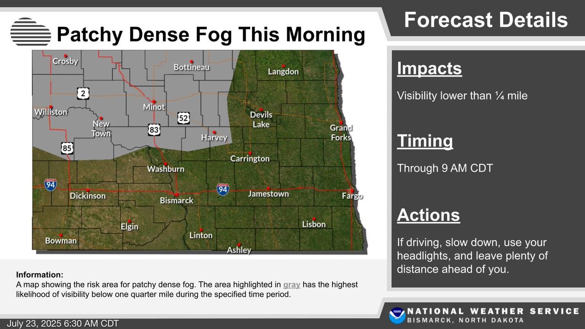 NWSBismarck's tweet image. Patchy dense fog will impact much of northwest and north central North Dakota through mid morning. Be prepared for rapidly changing conditions on the morning commute! #NDwx
