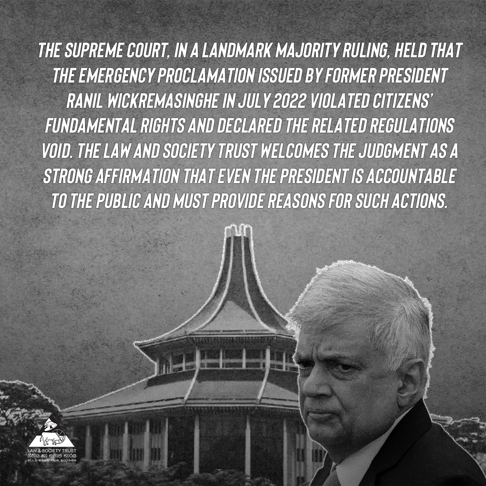 Law & Society Trust (@lstlanka) on Twitter photo The Supreme Court has ruled that the July 2022 Emergency Proclamation by former President Ranil Wickremasinghe violated fundamental rights.
<a href="/SandunThudugala/">Sandun Thudugala</a> <a href="/ErmizaTegal/">Ermiza Tegal</a>
#SriLanka #HumanRights #Law #Justice The Supreme Court has ruled that the July 2022 Emergency Proclamation by former President Ranil Wickremasinghe violated fundamental rights.
<a href="/SandunThudugala/">Sandun Thudugala</a> <a href="/ErmizaTegal/">Ermiza Tegal</a>
#SriLanka #HumanRights #Law #Justice