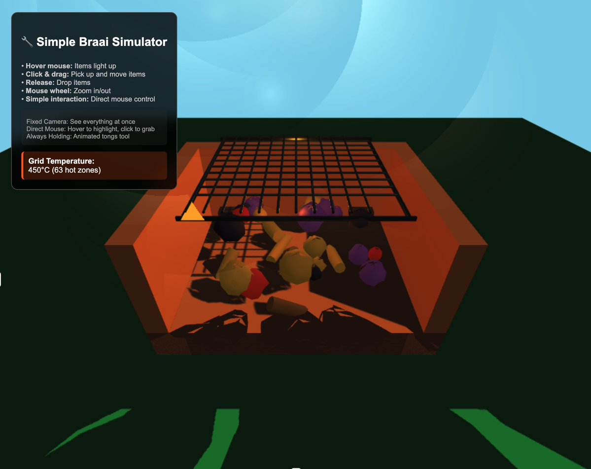 PetrusTheron's tweet image. vibe coded a 3d braai simulator last night so my international oomfies can practice adding wood & spreading the coals for even heat distributiono before they visit me for a South African braai
