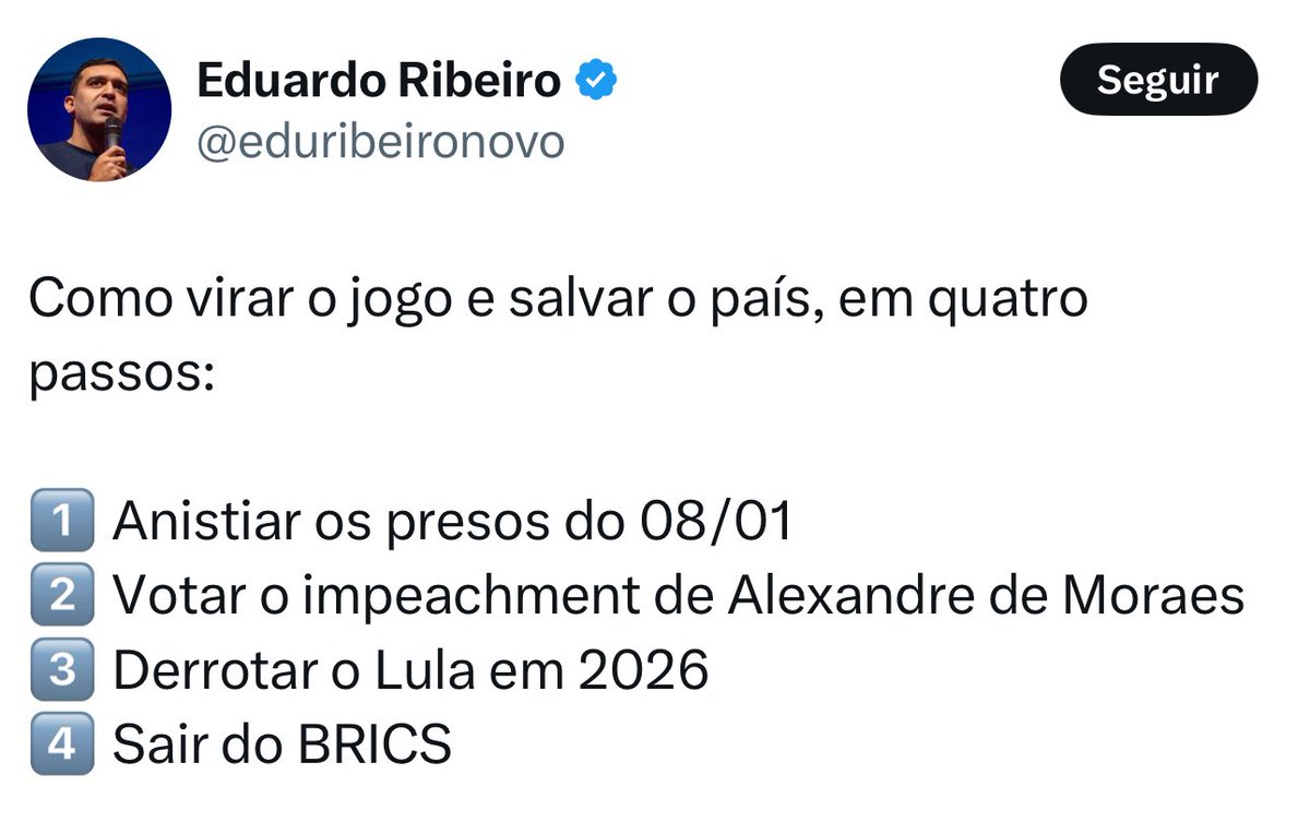 lucianocarvaIho's tweet image. Esses são os passos pra “salvar o Brasil” segundo o Presidente do Partido NOVO.
Nenhum envolve universalização do saneamento básico, fim dos privilégios da elite do funcionalismo, fim de subsídios e isenções pra empresários ou investimentos em segurança pública, saúde ou…