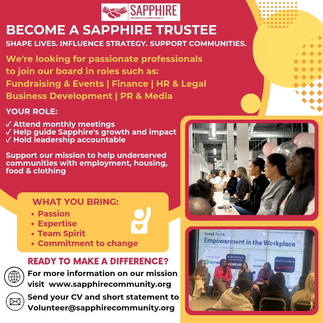 🔷 Become a Sapphire Trustee
 Shape Lives. Influence Strategy. Support Communities.
We're looking for passionate professionals to join our board in roles such as:
📌 Fundraising &amp; Events | Finance | HR &amp; Legal
📌 Business Development | PR &amp; Media | Partnerships

Your Role:
✔