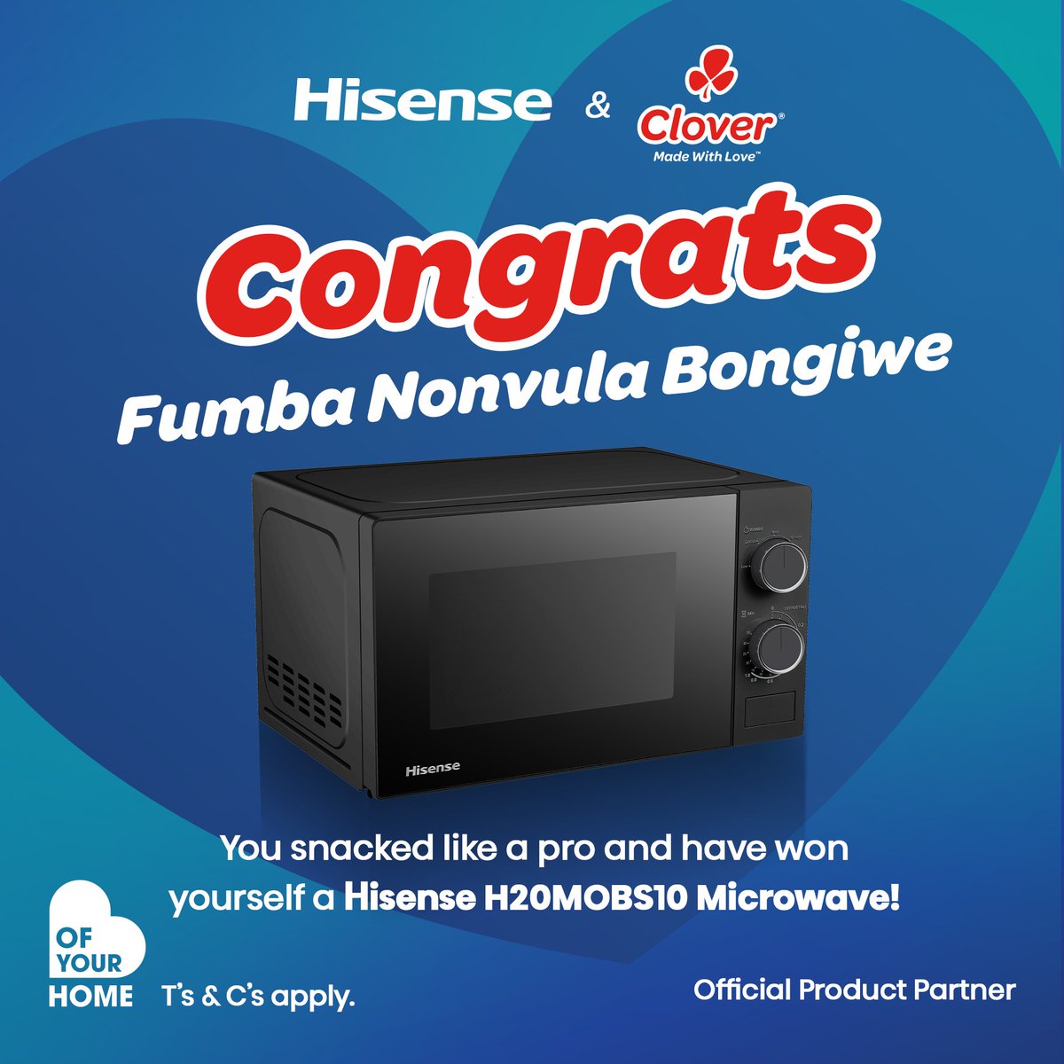 🎉 Congratulations, Fumba Nonvula Bongiwe! 🎉

You've just won yourself the sleek and powerful Hisense H20MOBS10 in the Clover competition! 🏆✨

From all of us at Hisense, we hope you enjoy your brand-new microwave — making mealtimes easier, quicker, and tastier 🍽️💚

Keep