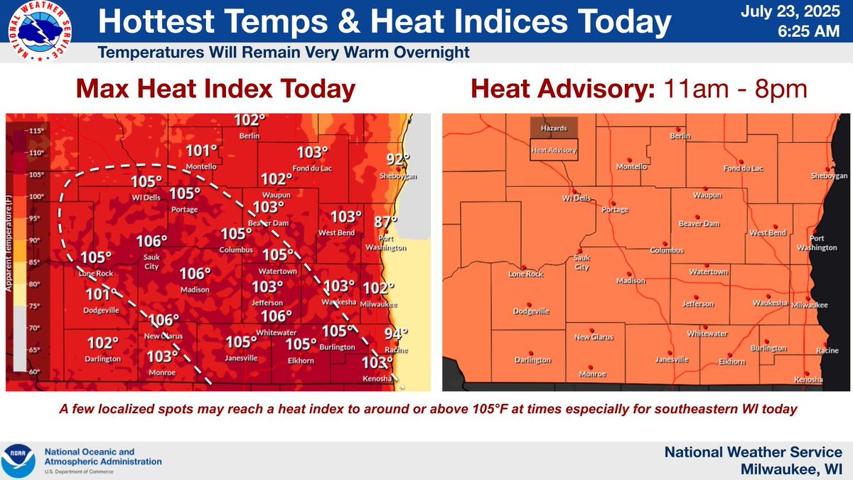 NWSMilwaukee's tweet image. Hot and humid conditions expected today with a Heat Advisory in effect for today. There is some increased uncertainty on how warm it will get with the lingering morning storms/showers and clouds now expected but this is expected to clear out later today and warm up quickly. #wiwx