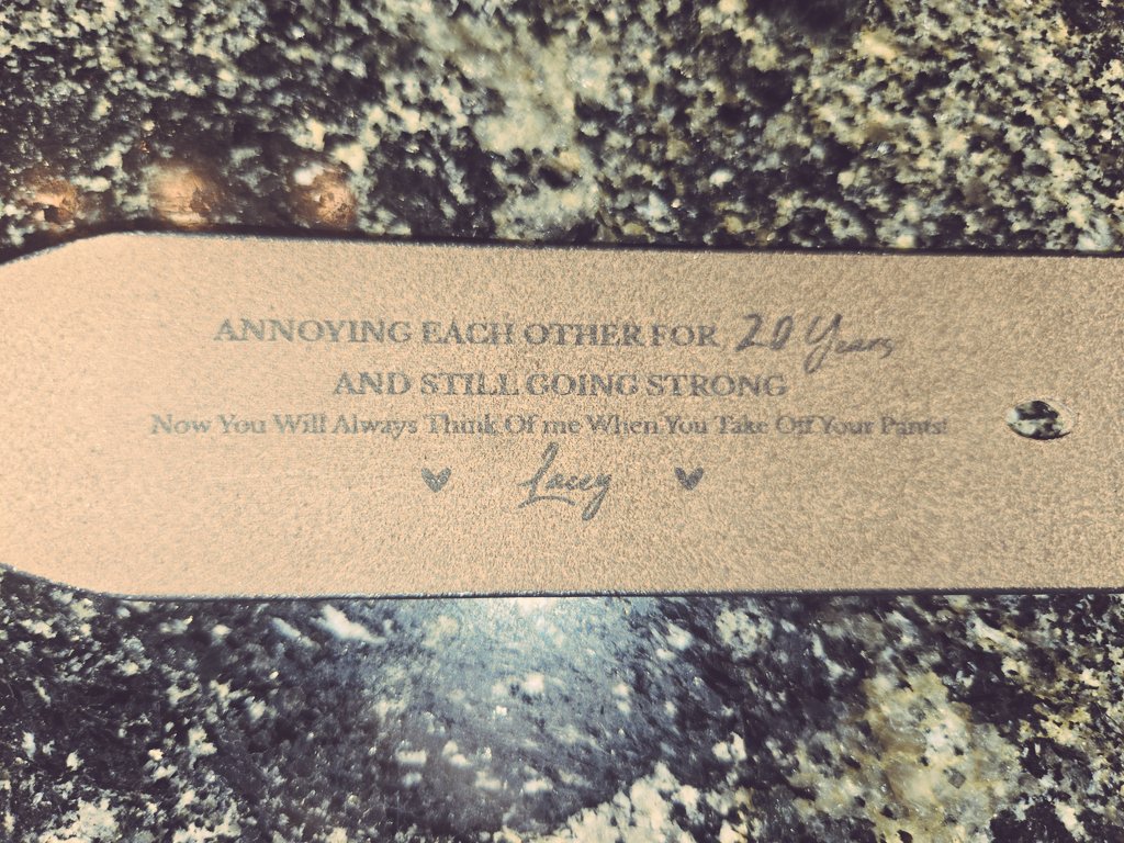 leftbootllc's tweet photo. Celebrating 20 years today with my little "work in progress." Undoubtedly 18 of the best years of my life.🤣
Some people get inscribed jewelry, I got a belt . https://t.co/ZWyuzL5QIt