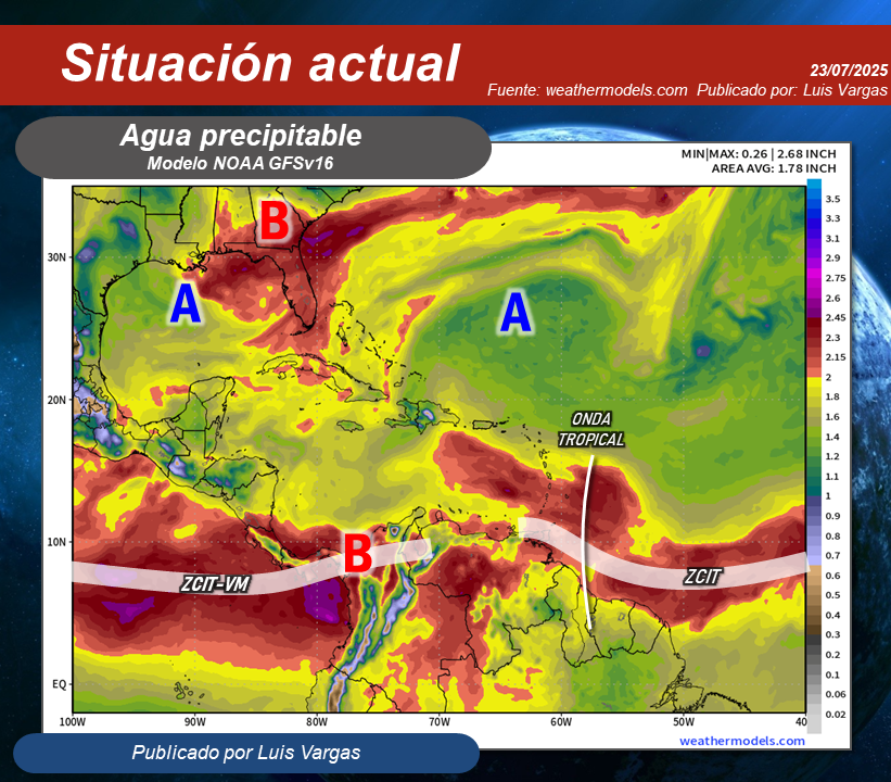 Meteovargas's tweet photo. #23Jul Onda tropical al este de Venezuela, modula la actividad de la Zona de Convergencia Intertropical-Vaguada Monzónica, lo que favorecerá la formación de nubes productoras de lluvias moderadas y localmente fuertes en buena parte del país; pudiendo ser más notorias en áreas de las regiones Guayana, Nororiental, los Llanos y Centro Norte, además en sectores de Yaracuy, porción central de Lara, este y centro de Falcón, Táchira, Mérida, oeste y sur de Zulia.