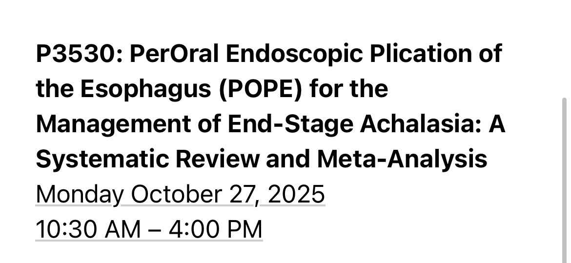 MatheusFrancoMD's tweet image. We’ve had two abstracts accepted for presentation at ACG 2025 in Phoenix, AZ!
📌 P3530: Systematic review on PerOral Endoscopic Plication (POPE) for end-stage achalasia.
📌 P1388: Comparative study of ESD vs EMR in cirrhotic patients.
@ChahalPrabhleen @Chatterjee_MD