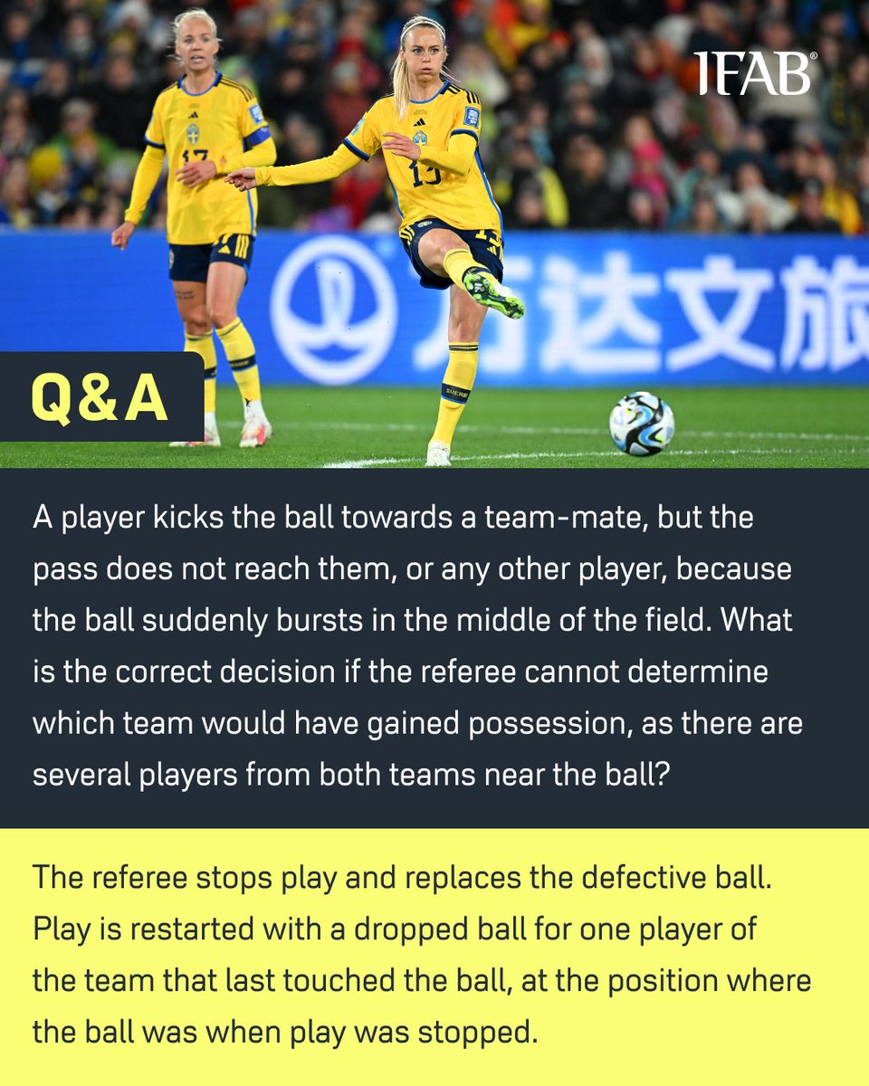 LAW CHANGES 2025/26

A player kicks the ball towards a team-mate, but the pass does not reach them, or any other player, because the ball suddenly bursts in the middle of the field.

What is the decision if the referee cannot determine which team would have gained possession, as
