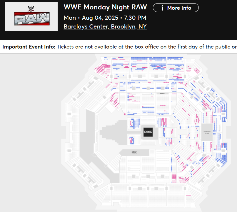 WrestleTix's tweet image. WWE Monday Night RAW
Mon • Aug 04, 2025 • 7:30 PM
Barclays Center, Brooklyn, NY
Available Tickets: 1,878
Current Setup: 9,122
Tickets Distributed: 7,244
📈 +672 since the last update (7 days ago)
📅 Days until show: 12
🔢 Total # of seats on map: 15,744
⏮ 10/25/2024:…