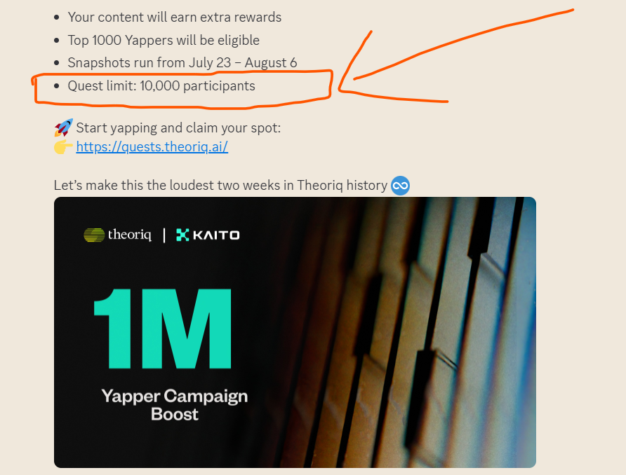 mrBORO's tweet photo. yo @KaitoAI yappers! wanna grab some REWARDS from @TheoriqAI ? 

this is the best opportunity to yap hard and only 1000 yappers become eligible. BUT, there is extra rewards for your good content as well.

and snapshots is running from july 23 to aug 6 where you can go and complete its Quest. very simple quest to complete and make sure you quest has 10k participants limit. 

be early and secure your spot. who knows, might get some rewards just completing quest as well. if you wanna join quest here is the link: 👇
👉 https://t.co/U2LJrMxD2v