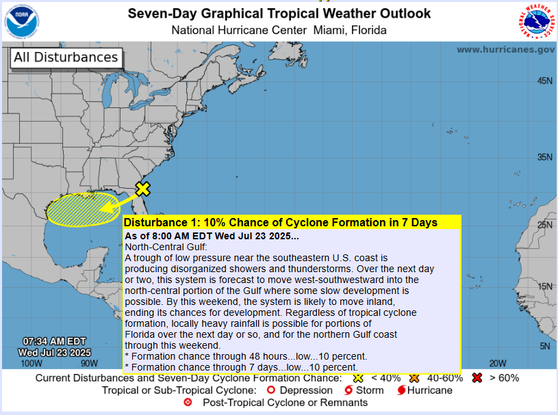 FloridaTropics1's tweet image. Good morning! 8 AM outlook from NHC maintains 10% development chances for the AOI near Florida this morning.