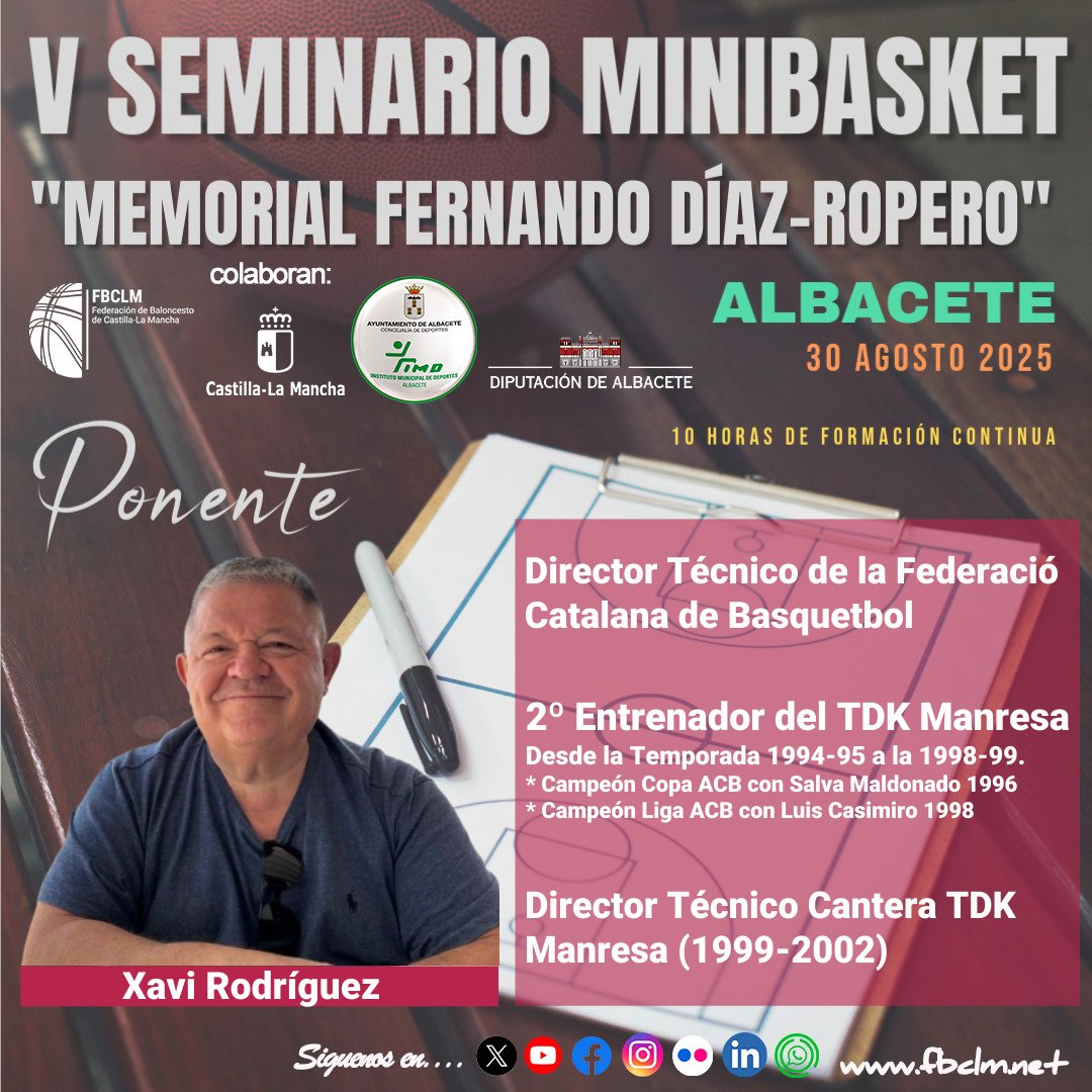 fbclm's tweet image. #FormacionFBCLM📚| Te presentamos a todo un referente del baloncesto nacional que será además uno de los ponentes en el 5º #SeminarioMiniFBCLM "Fernando Díaz Ropero".
👉El próximo martes 29 de julio conoceremos la programación al completo y se abrirán las inscripciones.