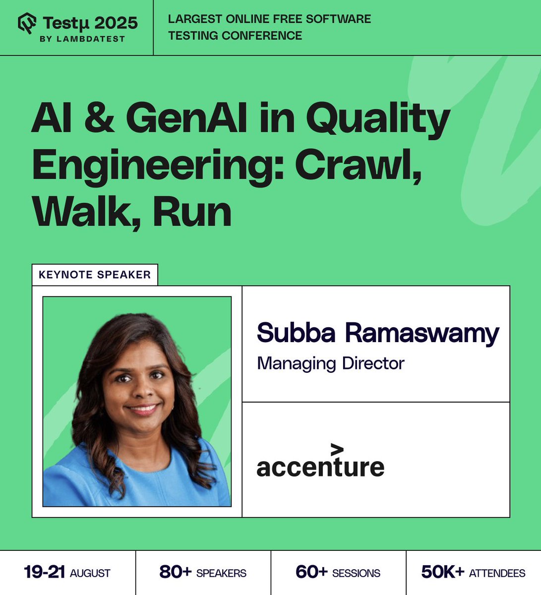 Decode a step-by-step approach for adopting #AI in testing with the ‘Crawl, Walk, Run’ model with our Keynote Speaker Subba Lakshmi Ramaswamy, Managing Director, <a href="/Accenture/">Accenture</a>, at #TestMuConf 2025 🔗 bit.ly/TestMUConferen… 

Join her session to gain valuable real-world insights,