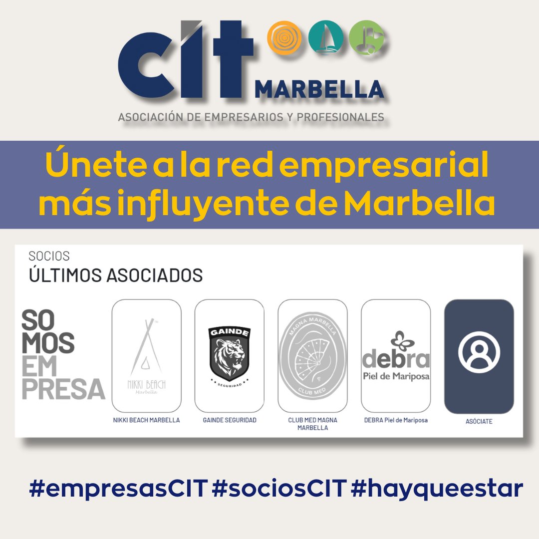 📢¿Quieres formar parte de la red empresarial más influyente de Marbella? Únete a nuestra #asociación y conecta con líderes, profesionales y #empresas que están marcando la diferencia. ¡Estos son los últimos asociados! ¿A qué esperas? 
#empresasCIT #sociosCIT #hayqueestar