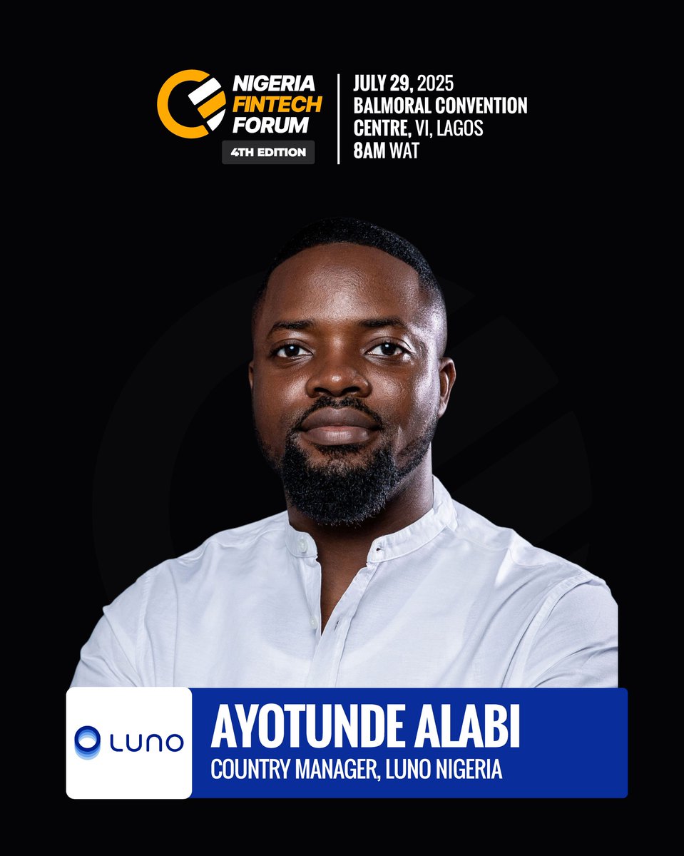 afritechseries's tweet image. Ayotunde Alabi, CEO, Luno Nigeria, joins the Speakers line up at Nigeria Fintech Forum 2025🎉
Ayotunde Alabi is the CEO of Luno Nigeria, with over a decade of experience in finance and technology. He has held leadership roles at Spektra, ARM HoldCo, FBNQuest, and Heritage Bank…