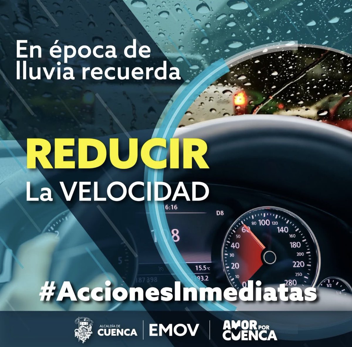 EMOV EP Cuenca (@emov_ep) on Twitter photo 🌧️Las lluvias reducen la visibilidad y el agarre del pavimento.
👉🏻Por tu seguridad y la de todos, disminuye la velocidad y mantén distancia con otros vehículos.
👮🏻♂️Conduce con responsabilidad.
<a href="/czamoramatute/">Cristian Zamora M</a>
<a href="/MunicipioCuenca/">Municipio Cuenca</a> 🌧️Las lluvias reducen la visibilidad y el agarre del pavimento.
👉🏻Por tu seguridad y la de todos, disminuye la velocidad y mantén distancia con otros vehículos.
👮🏻♂️Conduce con responsabilidad.
<a href="/czamoramatute/">Cristian Zamora M</a>
<a href="/MunicipioCuenca/">Municipio Cuenca</a>