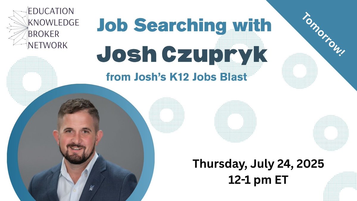 EdKnowledBroker's tweet photo. Tomorrow, join this virtual gathering for those navigating job loss or exploring careers in knowledge brokering in education. Whether you're new to knowledge brokering, between roles, or just exploring what’s next, this session is for you. https://t.co/oAcs0UAYEs #K12Jobs #EKBN https://t.co/0h1PJZ4MYU