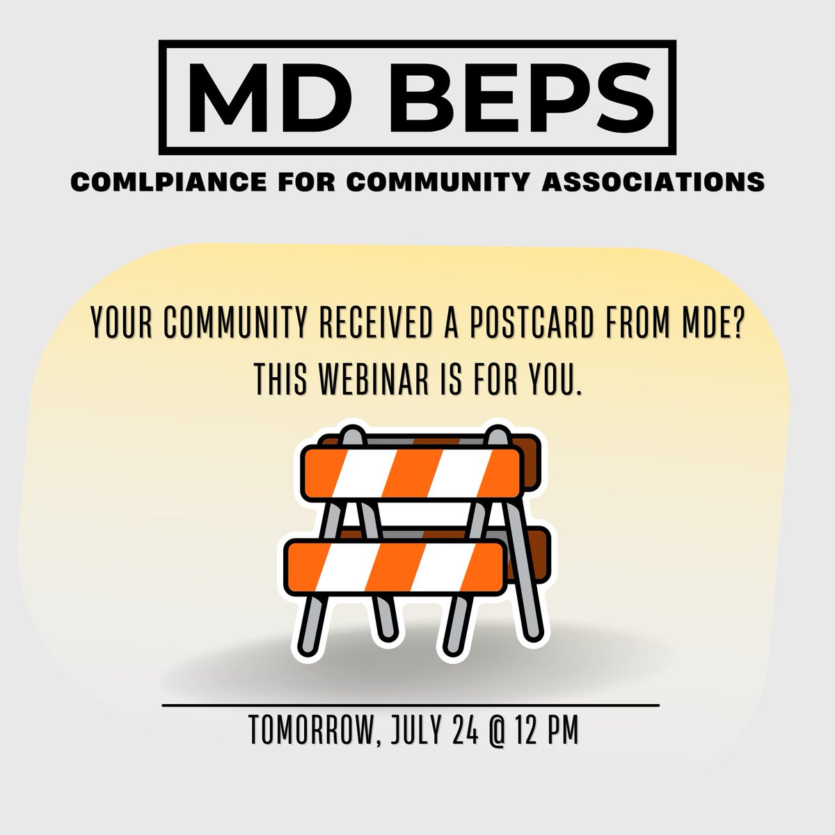 📅 TOMORROW @ 12PM
Got the MDE postcard? Your building may be subject to MD’s new #BEPS law.

⚠️ Sept 1, 2025 benchmarking deadline
💡 Learn what to do, avoid fines &amp; access funding.

📝 Don’t wait — register now:  ow.ly/kbGP50WtEXW