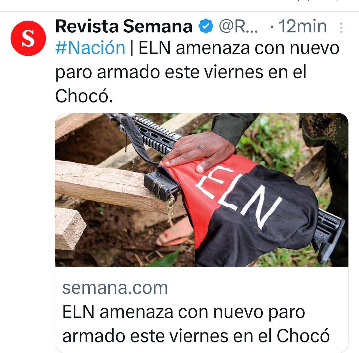 Ante anuncio d NUEVO PARO ARMADO en Chocó por ELN, <a href="/ACC_camioneros/">ACC Camioneros (oficial)</a> SS
URG q LA POLIZA D TERRORISMO sea activada en las condiciones especiales d pago 100% + Se GARANTICE MOVILIDAD SEGURA EN EL CORREDOR <a href="/maferojas/">Mafe Rojas</a> <a href="/PedroSanchezCol/">Pedro Arnulfo Sanchez S. Orgullosamente Colombiano</a> <a href="/LinaHuari/">lina huari</a> <a href="/JuanFSanabriaS/">Juan Sanabria</a> <a href="/LilianaOspina18/">Liliana Ospina Arias</a>