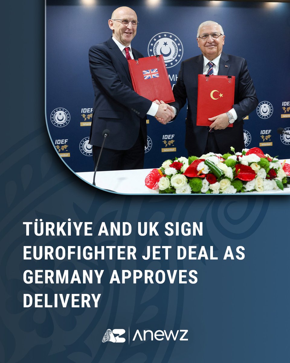 Anewz_tv's tweet image. Türkiye takes a major step toward boosting its air power.
Ankara and London signed a memorandum of understanding on Wednesday allowing Türkiye to become a user of Eurofighter Typhoon jets. Defence Minister Yasar Guler called it “a positive step toward our country’s participation…