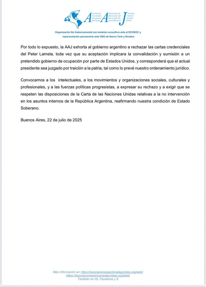 ale_rusconi's tweet image. #Atencion La Asociación Americana de Juristas @aaj Rama Argentina repudia las declaraciones injerencistas del Embajador de EEUU designado para la Argentina Peter Lamelas y exhorta al gobierno argentino a rechazar las cartas credenciales.
