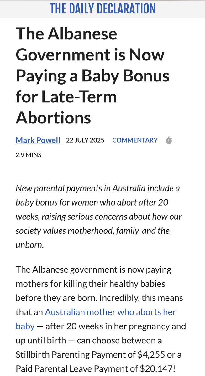 Australia’s grotesque ‘Dead Baby Bonus’ …

The Australian government to pay up to $25,000 to mothers who abort their babies after 20 weeks gestation. This is about harvesting organs for science … researchers will pay big bucks for fully developed fetal tissue &amp; organs.