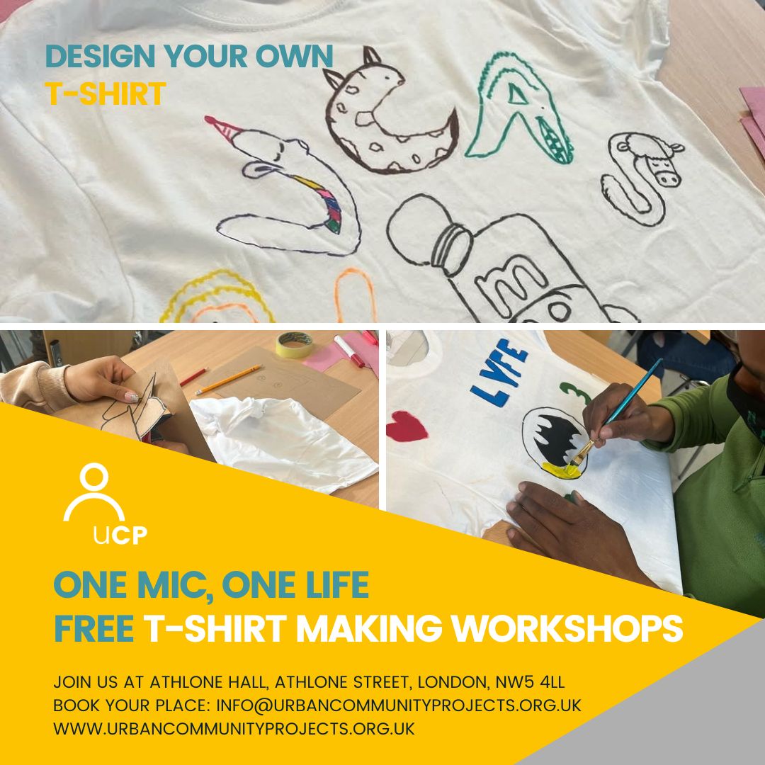 urbancomproject's tweet photo. This year, we’re teaming up with #OriginHousing #BejewelledAcademy to deliver Wear Your Voice – T-shirt making workshops for 8–18 year olds.
Every Monday | 1–3pm | Athlone Hall, NW5 4LL
Register: info@urbancommunityprojects.org.uk
#OneMicOneLife #KnifeCrimeAwareness https://t.co/me2zZw7ozI