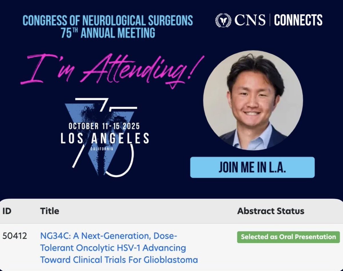 Jun_kiim's tweet image. Excited to be presenting our work on NG34C at the Congress of Neurological Surgeons (@CNS_Update) Annual Meeting this October in Los Angeles. Grateful for the opportunity to share our latest findings in oncolytic virotherapy for glioblastoma.
@EAChiocca @MGBneurosurgery