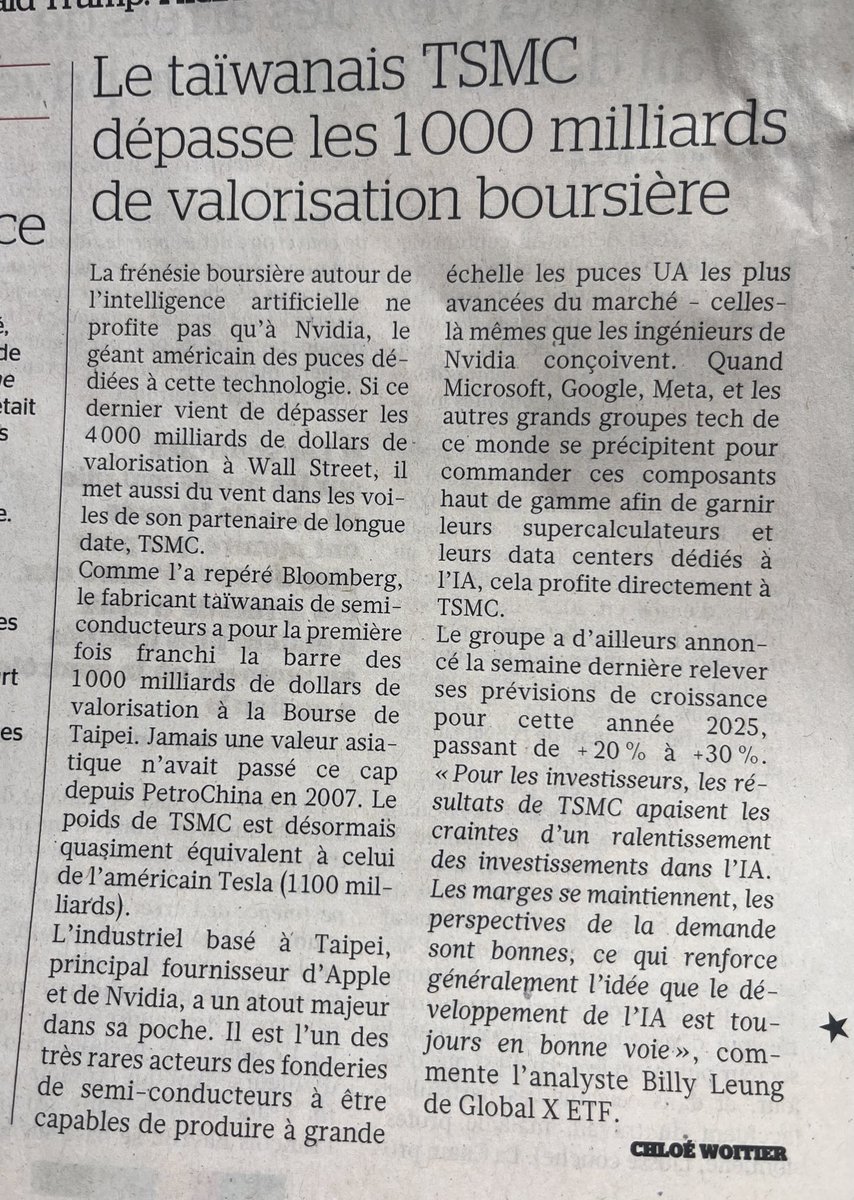 NVIDIA , TSMC et ASML ont une capitalisation  qui flirte autour de 6000 milliards, c’est plus très loin de celle d’Apple Microsoft, Google et Facebook les fournisseurs sont en train de peser presque aussi fort que leurs clients