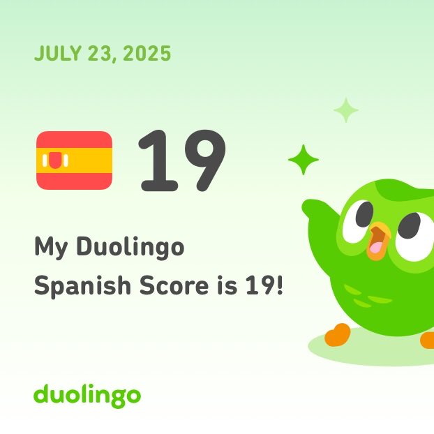 🎯 Meta: 20 puntos en español
📍Actualmente: 19 puntos
🗓️ Hoy: 23 de julio
¡Un paso más, ¡vamos! 🇪🇸🔥 #Duolingo #SpanishGoal
