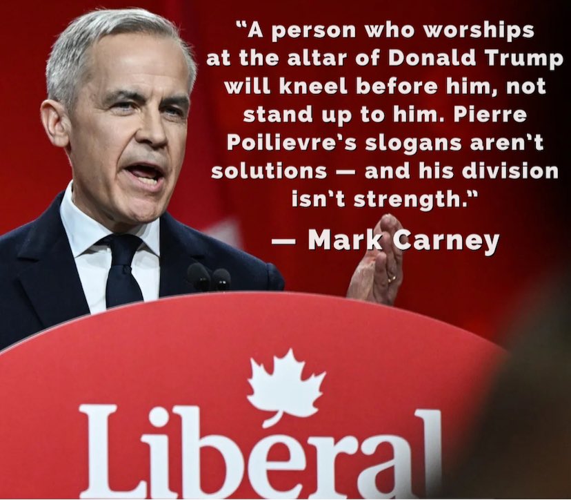 <a href="/Smil3yAngel/">Jen (ESC) 🇨🇦❤️🦋</a> “A person who worships at the alter of Donald Trump will kneel before him,  not stand up to him. Poilievre’s slogans aren’t solutions — and his division isn’t strength.”
— PM Mark Carney #Never51 #NeverPoilievre 🥊🇨🇦