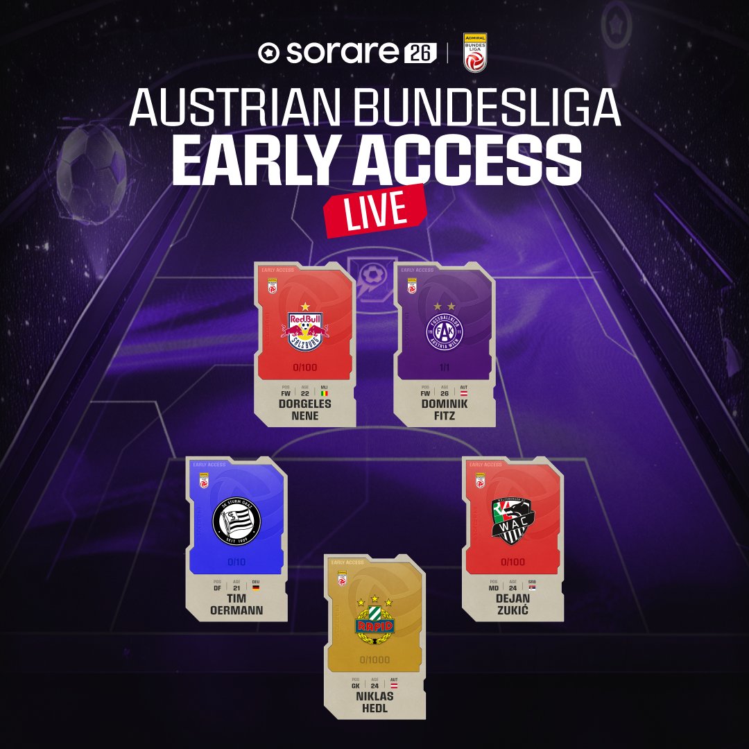 Sorare's tweet image. 🇦🇹 LAUNCH OF THE AUSTRIAN BUNDESLIGA EARLY ACCESS 🔥

⏳The wait is over : Austrian Bundesliga is BACK in #Sorare26 

1⃣ #1 Austrian cards now at auction !
🥇 Get ready to fast-track to Division 1 in the Challenger Division Battle (AUG 8th)

SCOUT NOW 👉 go.sorare.com/yqgkz