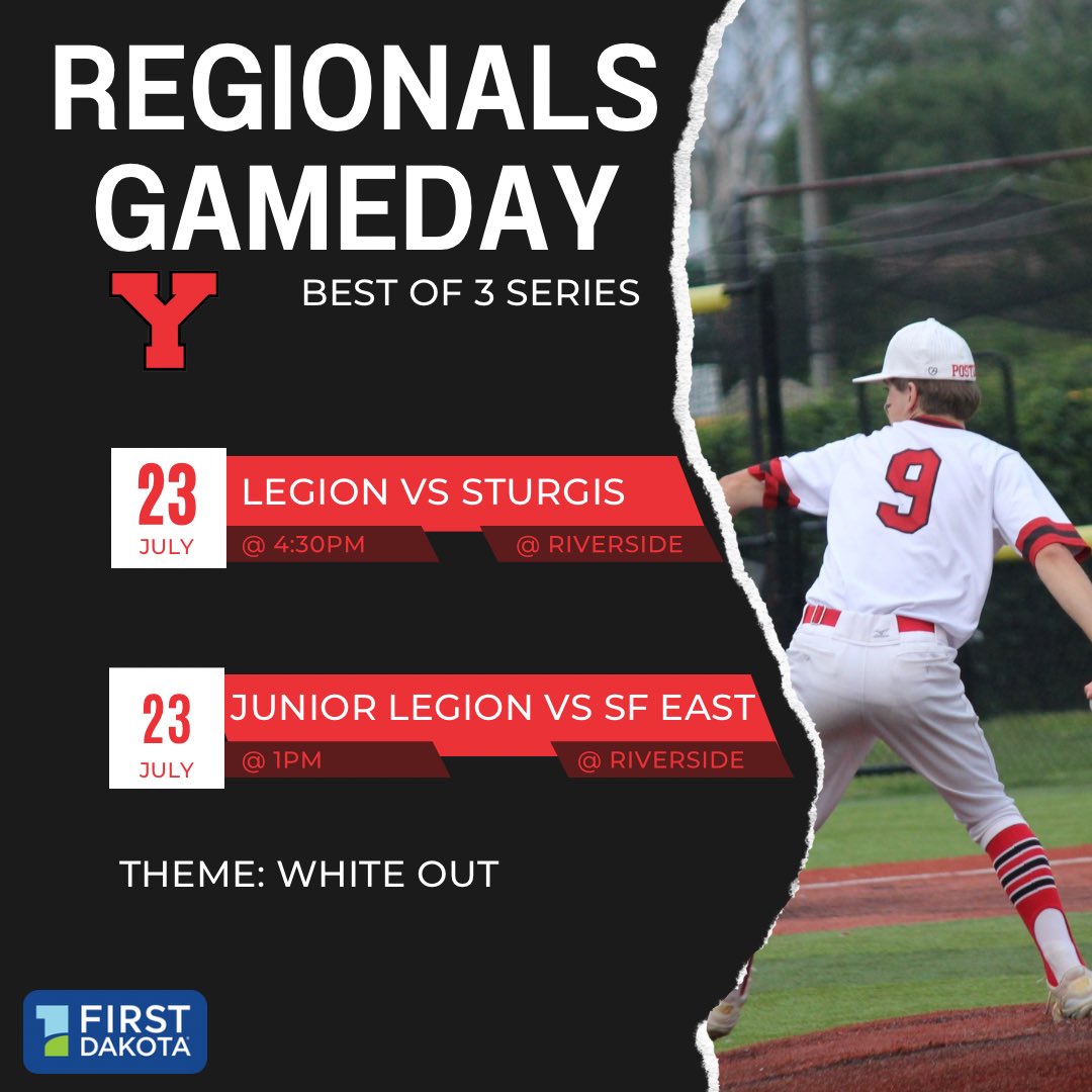 YBABaseball's tweet image. 🚨PLAYOFF DOUBLE GAMEDAY🚨
#4 Post 12 JL takes on #13 Sioux Falls East at 1, and #2 Post 12 Legion takes on #15 Sturgis at 4:30!
Come on out to Bob T Stadium — Riverside Field and cheer on these boys!!
YBA passes will be accepted!!
The theme for today’s game is WHITE OUT!!⚾️