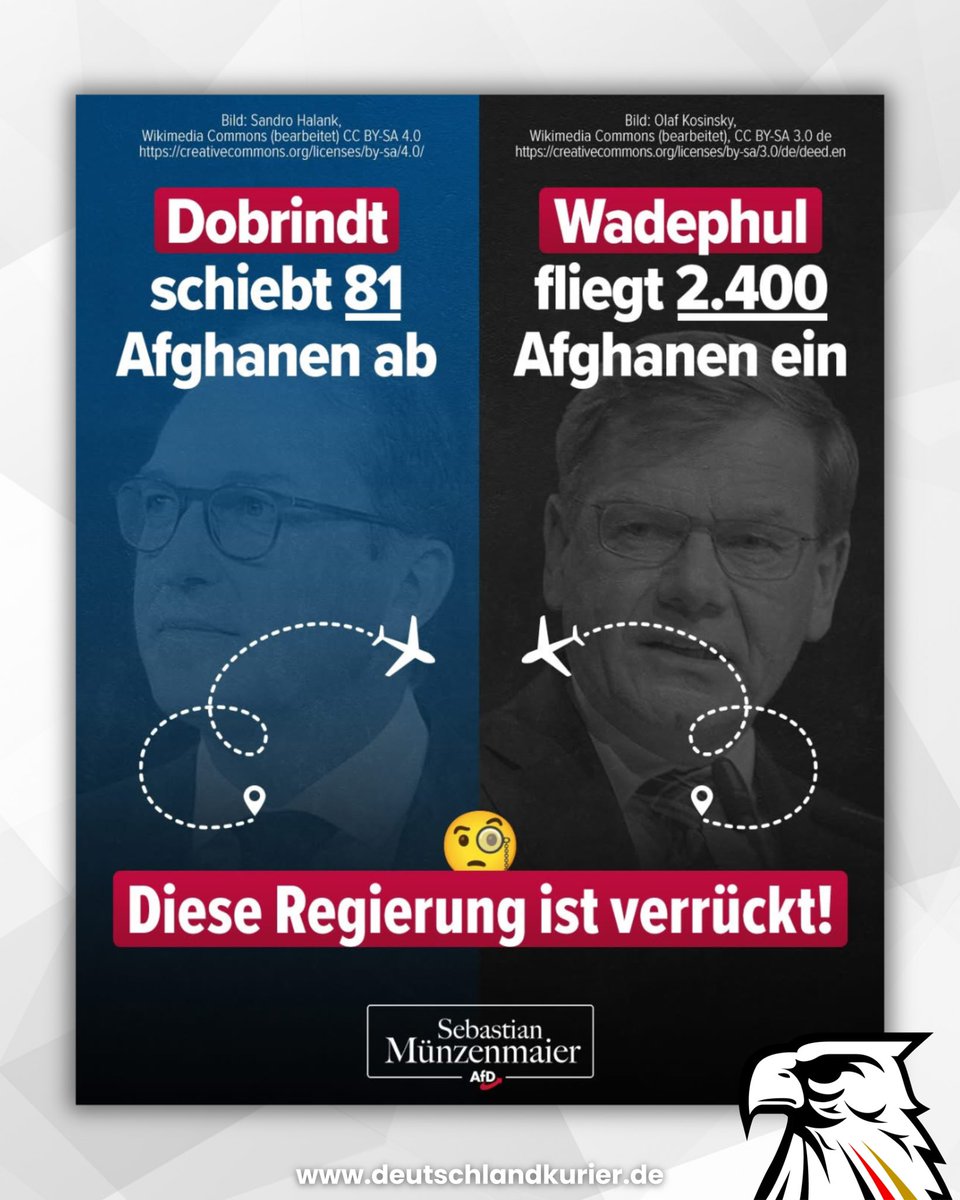 Deu_Kurier's tweet image. #Netzfund via @S_Muenzenmaier (@AfD | @AfDimBundestag):
„✈️➡️ Der eine Minister schiebt 81 Afghanen ab.
✈️⬅️ Der andere Minister fliegt 2.400 Afghanen rein.
🤷♂️ Beide gehören der Union und derselben Regierung an.
Sowas Verrücktes gibt es auch nur in Deutschland...“