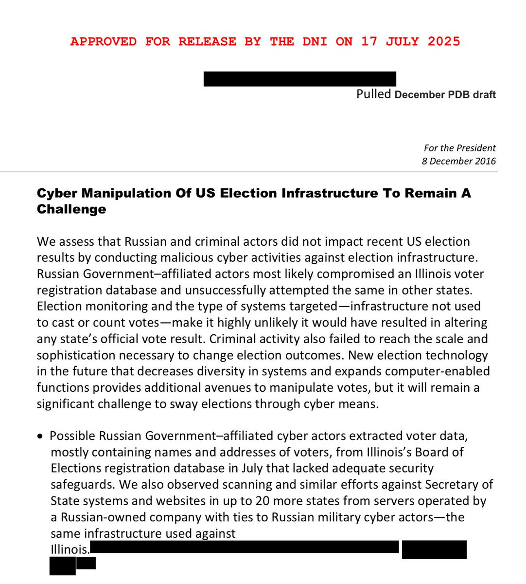 CSalcedoShow's tweet image. .@DNIGabbard just declassified a draft Presidential Daily Brief from Dec 8, 2016 in which Obama’s intel community said Russia did not impact the 2016 election. It also shows @BarackObama gave the order to ignore facts in favor of leftist narrative! He's at least in violation of…