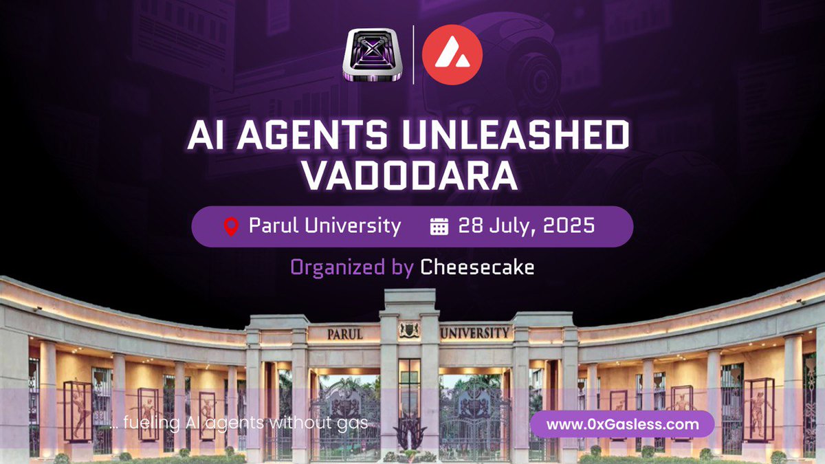 0xGasless's tweet image. 0xGasless World Tour: Vadodara Next!
Join us on July 28th for the AI Agent Unleashed Workshop at Parul University, Vadodara, Gujarat.
We're bringing hands-on experiences with account abstraction, agentic AI, and gasless infrastructure on Avalanche @avax directly to developers…