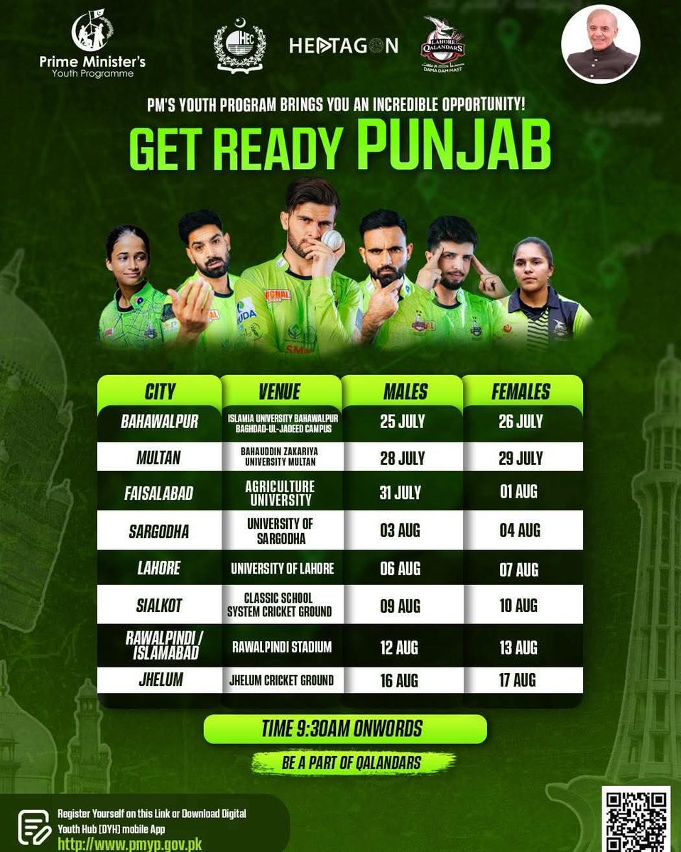 shewolfo2's tweet image. The journey of the cricket talent hunt continues!

The Prime Minister Youth Program and Lahore Qalandars are ready to kick off trials across Punjab.
Boys and girls don’t miss out: here’s the schedule!

Thank you @CMShehbaz.

#QalandarDilse #DamaDamMast #trials2025