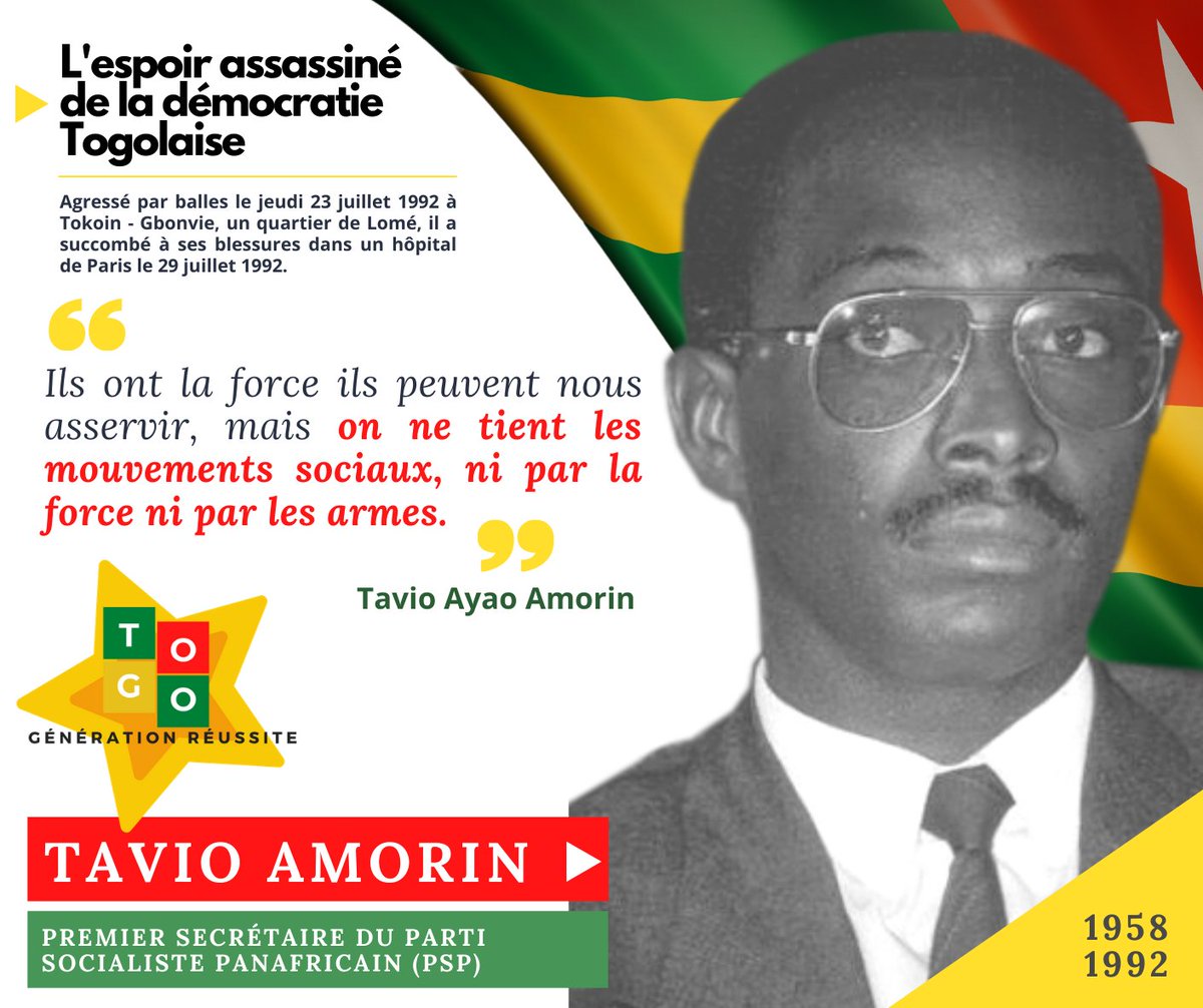 Il s'appelait Tavio Amorin. Assassiné le 23 juillet 1992 à Lomé pour avoir réclamé plus de démocratie et de liberté au Togo. #FreeTogo