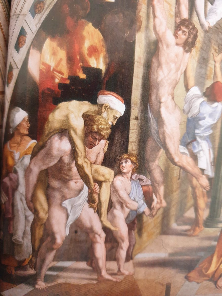 Este hombre desnudo con un desnudo anciano en hombros, al que ha salvado del incendio, concentra y expresa la desnudez y el amor que constituyen el misterio del vínculo humano. Ahí reside El mayor el problema del siglo XXI, en recuperarlo. (Sanzio, 1514: Incendio del Borgo).